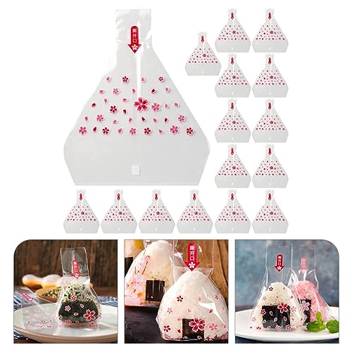 ULTECHNOVO 100Pcs Triangle Onigiri Wrappers Plastic Rice Balls Bags Disposable Sushi Packing Bags Japanese Onigiri Bags with Stickers