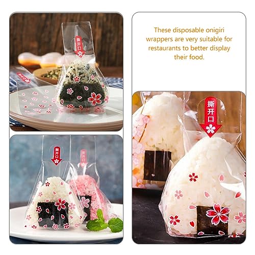 ULTECHNOVO 100Pcs Triangle Onigiri Wrappers Plastic Rice Balls Bags Disposable Sushi Packing Bags Japanese Onigiri Bags with Stickers
