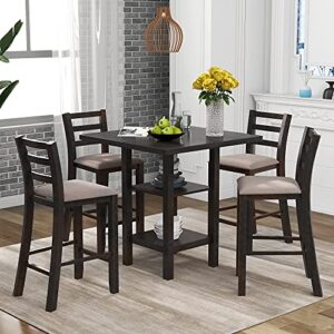 erdaye 5-piece wooden counter height dining table 4 padded chairs and storage shelving for home apartment kitchen & dining room breakfast lunch dinner furniture set, espresso