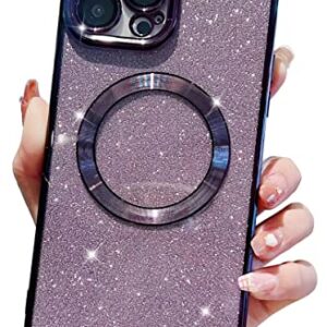 Eiyikof Compatible with iPhone 13 Pro Max Magnetic Case [Compatible with MagSafe] with Camera Lens Protector, Luxury Plating Cute Glitter Bling Clear Case for Women Girls Soft TPU Cover（Purple）