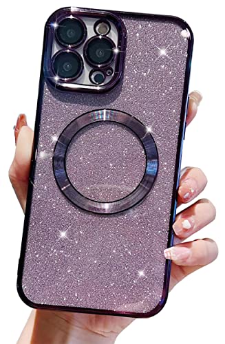 Eiyikof Compatible with iPhone 13 Pro Max Magnetic Case [Compatible with MagSafe] with Camera Lens Protector, Luxury Plating Cute Glitter Bling Clear Case for Women Girls Soft TPU Cover（Purple）