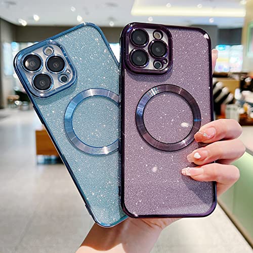 Eiyikof Compatible with iPhone 13 Pro Max Magnetic Case [Compatible with MagSafe] with Camera Lens Protector, Luxury Plating Cute Glitter Bling Clear Case for Women Girls Soft TPU Cover（Purple）