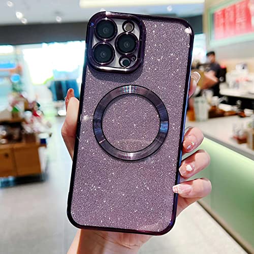 Eiyikof Compatible with iPhone 13 Pro Max Magnetic Case [Compatible with MagSafe] with Camera Lens Protector, Luxury Plating Cute Glitter Bling Clear Case for Women Girls Soft TPU Cover（Purple）