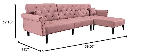 KoiHome Sectional Sofa Right Hand Facing Velvet Button Tufted, L Shape Chaise with Nail Head Detail, Conical Wood Leg, 2 Pillows, Modern & Elegant, Home Furniture for Living Room,Office, Pink