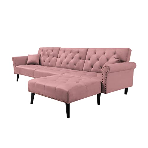 KoiHome Sectional Sofa Right Hand Facing Velvet Button Tufted, L Shape Chaise with Nail Head Detail, Conical Wood Leg, 2 Pillows, Modern & Elegant, Home Furniture for Living Room,Office, Pink