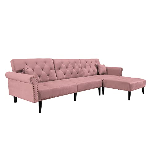 KoiHome Sectional Sofa Right Hand Facing Velvet Button Tufted, L Shape Chaise with Nail Head Detail, Conical Wood Leg, 2 Pillows, Modern & Elegant, Home Furniture for Living Room,Office, Pink