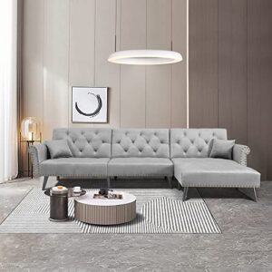 koihome sectional sofa right hand facing velvet button tufted, l shape chaise with nail head detail, conical wood leg, 2 pillows, modern & elegant, home furniture for living room, light grey