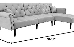 KoiHome Sectional Sofa Right Hand Facing Velvet Button Tufted, L Shape Chaise with Nail Head Detail, Conical Wood Leg, 2 Pillows, Modern & Elegant, Home Furniture for Living Room, Light Grey