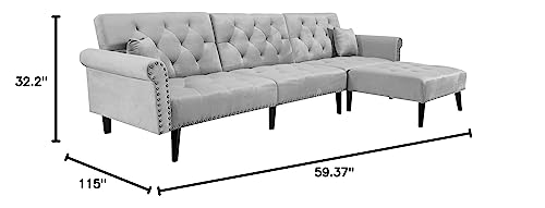 KoiHome Sectional Sofa Right Hand Facing Velvet Button Tufted, L Shape Chaise with Nail Head Detail, Conical Wood Leg, 2 Pillows, Modern & Elegant, Home Furniture for Living Room, Light Grey