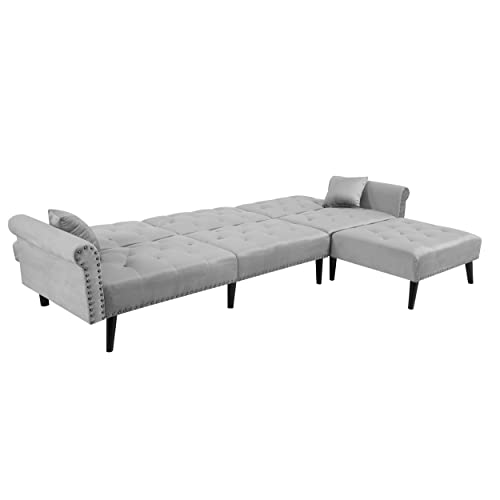 KoiHome Sectional Sofa Right Hand Facing Velvet Button Tufted, L Shape Chaise with Nail Head Detail, Conical Wood Leg, 2 Pillows, Modern & Elegant, Home Furniture for Living Room, Light Grey