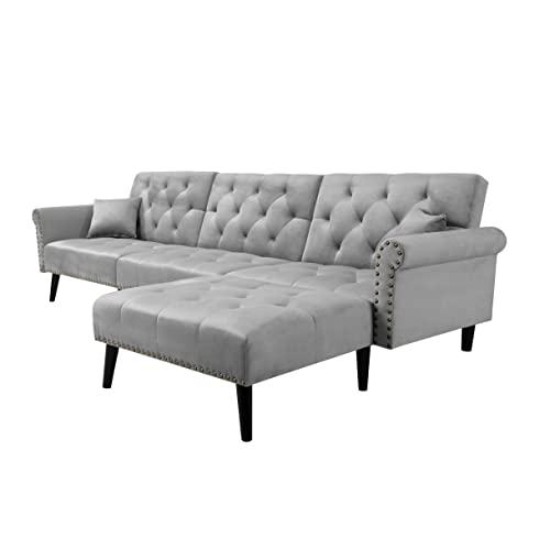 KoiHome Sectional Sofa Right Hand Facing Velvet Button Tufted, L Shape Chaise with Nail Head Detail, Conical Wood Leg, 2 Pillows, Modern & Elegant, Home Furniture for Living Room, Light Grey