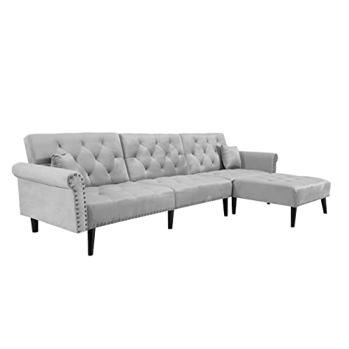 KoiHome Sectional Sofa Right Hand Facing Velvet Button Tufted, L Shape Chaise with Nail Head Detail, Conical Wood Leg, 2 Pillows, Modern & Elegant, Home Furniture for Living Room, Light Grey