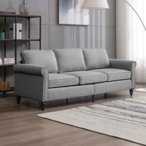 balus sofa couches for living room, modern linen 3-seater sofa, comfy sofa with 5.9" thicken cushion for living room/office/bedroom/apartment, light grey