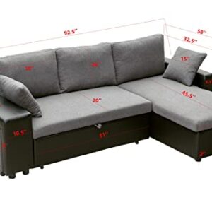 ARINAL 92.5" Linen Reversible Sleeper Sectional Sofa with Storage and 2 stools Steel Gray