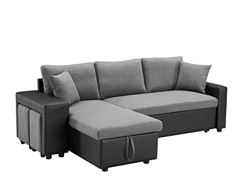 ARINAL 92.5" Linen Reversible Sleeper Sectional Sofa with Storage and 2 stools Steel Gray