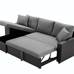 ARINAL 92.5" Linen Reversible Sleeper Sectional Sofa with Storage and 2 stools Steel Gray