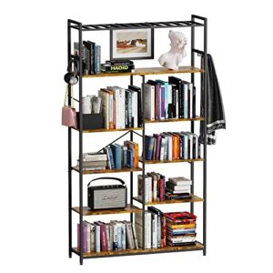 iaocpio double wide 6 tier bookshelf, bookshelves and bookcases with 6 hooks. industrial bookshelf for living room, bedroom, and home office brown.
