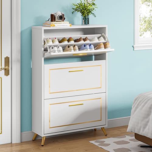 Tribesigns Shoe Cabinet, Shoes Storage Cabinet with 3 Flip Drawers, Modern Tipping Bucket Shoe Cabinet,White and Gold Narrow Shoe Rack Cabinet for Entryway