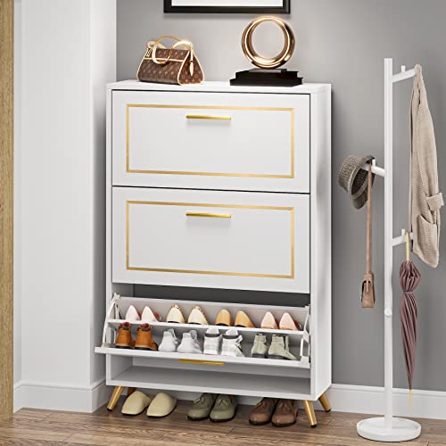 Tribesigns Shoe Cabinet, Shoes Storage Cabinet with 3 Flip Drawers, Modern Tipping Bucket Shoe Cabinet,White and Gold Narrow Shoe Rack Cabinet for Entryway