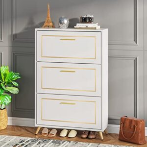 Tribesigns Shoe Cabinet, Shoes Storage Cabinet with 3 Flip Drawers, Modern Tipping Bucket Shoe Cabinet,White and Gold Narrow Shoe Rack Cabinet for Entryway