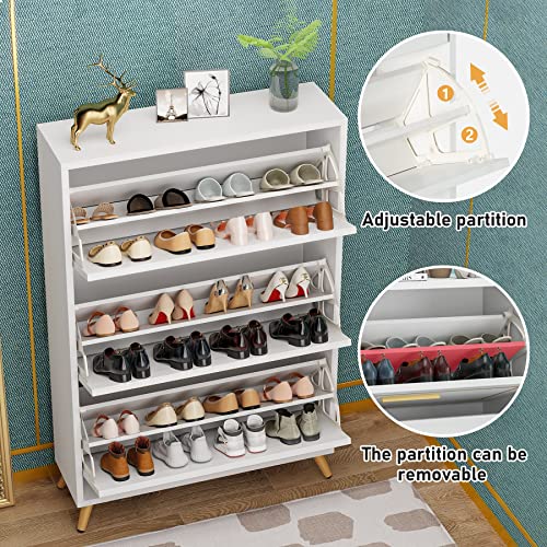Tribesigns Shoe Cabinet, Shoes Storage Cabinet with 3 Flip Drawers, Modern Tipping Bucket Shoe Cabinet,White and Gold Narrow Shoe Rack Cabinet for Entryway
