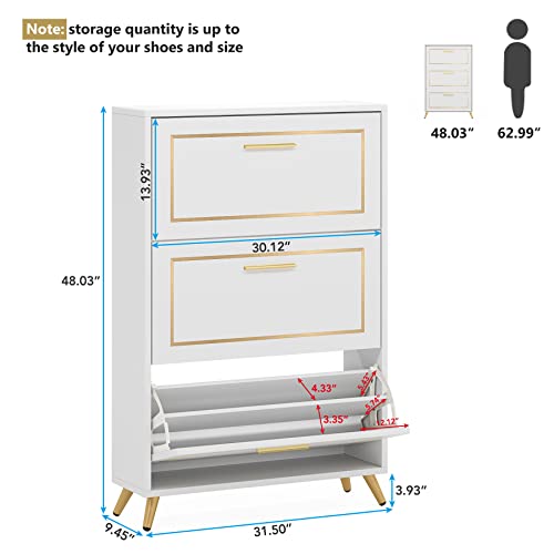 Tribesigns Shoe Cabinet, Shoes Storage Cabinet with 3 Flip Drawers, Modern Tipping Bucket Shoe Cabinet,White and Gold Narrow Shoe Rack Cabinet for Entryway