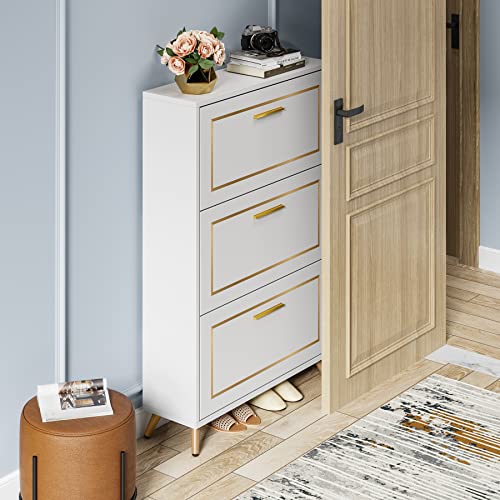 Tribesigns Shoe Cabinet, Shoes Storage Cabinet with 3 Flip Drawers, Modern Tipping Bucket Shoe Cabinet,White and Gold Narrow Shoe Rack Cabinet for Entryway