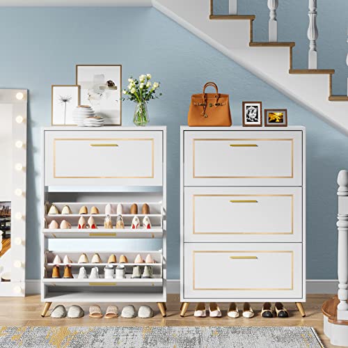 Tribesigns Shoe Cabinet, Shoes Storage Cabinet with 3 Flip Drawers, Modern Tipping Bucket Shoe Cabinet,White and Gold Narrow Shoe Rack Cabinet for Entryway