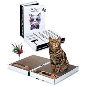 All-in-One Cat Scratcher Pad and Play Area, Foldable & Easy to Store Book-Shaped Cardboard with 2 Reversible & Replaceable PCs Dense Scratch Pad Cat/Kitten,with Cat Ball/Cat Feather Toy & Catnip Ball