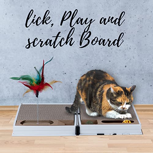 All-in-One Cat Scratcher Pad and Play Area, Foldable & Easy to Store Book-Shaped Cardboard with 2 Reversible & Replaceable PCs Dense Scratch Pad Cat/Kitten,with Cat Ball/Cat Feather Toy & Catnip Ball