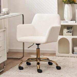 ssline faux fur vanity chair elegant white furry makeup desk chairs for girls women modern comfy fluffy arm chair stool with wheels in bedroom living room (g type-white&gold)