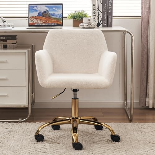 SSLine Faux Fur Vanity Chair Elegant White Furry Makeup Desk Chairs for Girls Women Modern Comfy Fluffy Arm Chair Stool with Wheels in Bedroom Living Room (G Type-White&Gold)