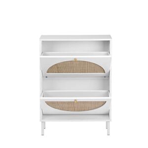 Hayiodda 2 Drawer Natural Rattan Shoe Cabinet, Tipping Bucket Shoe Cabinet with 2 Flip Rattan Doors & Metal Legs for Entryway, White