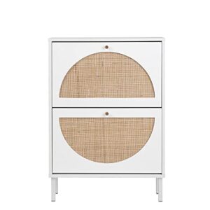 Hayiodda 2 Drawer Natural Rattan Shoe Cabinet, Tipping Bucket Shoe Cabinet with 2 Flip Rattan Doors & Metal Legs for Entryway, White