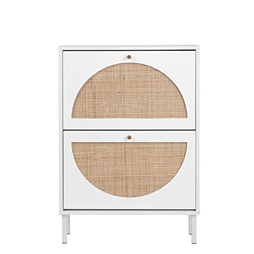 Hayiodda 2 Drawer Natural Rattan Shoe Cabinet, Tipping Bucket Shoe Cabinet with 2 Flip Rattan Doors & Metal Legs for Entryway, White