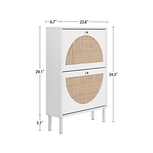 Hayiodda 2 Drawer Natural Rattan Shoe Cabinet, Tipping Bucket Shoe Cabinet with 2 Flip Rattan Doors & Metal Legs for Entryway, White