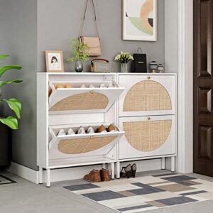 Hayiodda 2 Drawer Natural Rattan Shoe Cabinet, Tipping Bucket Shoe Cabinet with 2 Flip Rattan Doors & Metal Legs for Entryway, White