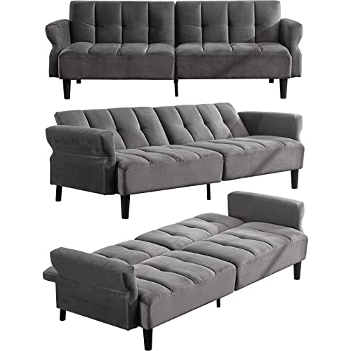 Mjkone Modern Futon Sofa Bed, Velvet Loveseat Sleeper Sofa Bed with Adjustable Backrest, Futon Couches for Living Room, Folding Bed Futons with Adjustable Armrests - Light Gray