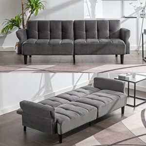 mjkone modern futon sofa bed, velvet loveseat sleeper sofa bed with adjustable backrest, futon couches for living room, folding bed futons with adjustable armrests - light gray