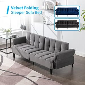 Mjkone Modern Futon Sofa Bed, Velvet Loveseat Sleeper Sofa Bed with Adjustable Backrest, Futon Couches for Living Room, Folding Bed Futons with Adjustable Armrests - Light Gray