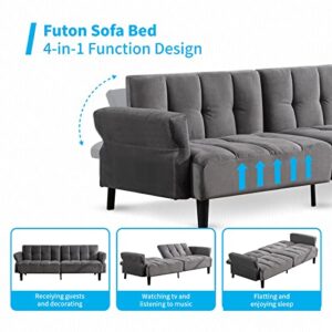 Mjkone Modern Futon Sofa Bed, Velvet Loveseat Sleeper Sofa Bed with Adjustable Backrest, Futon Couches for Living Room, Folding Bed Futons with Adjustable Armrests - Light Gray