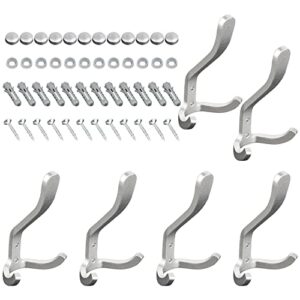 mycense 6x heavy duty double prong coat hooks entryway s, with 12 screws for bath towel, jacket, hat, scarf, towel, silver