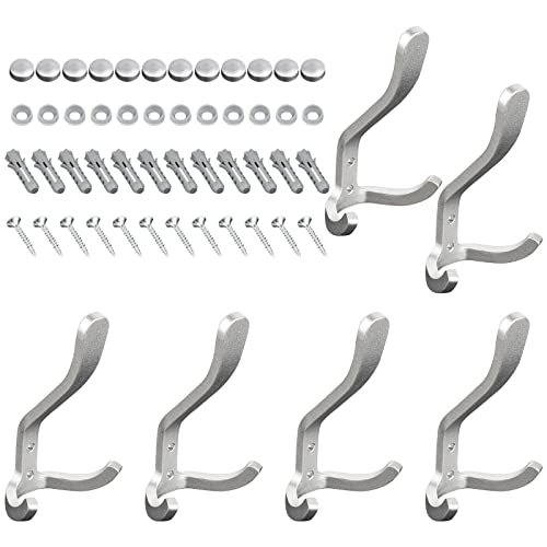 MYCENSE 6X Heavy Duty Double Prong Coat Hooks Entryway s, with 12 Screws for Bath Towel, Jacket, Hat, Scarf, Towel, Silver