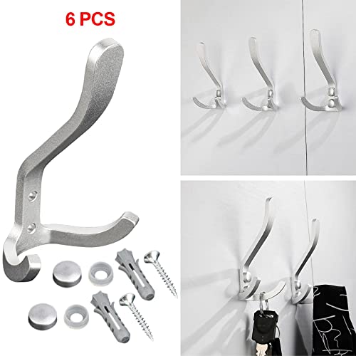 MYCENSE 6X Heavy Duty Double Prong Coat Hooks Entryway s, with 12 Screws for Bath Towel, Jacket, Hat, Scarf, Towel, Silver