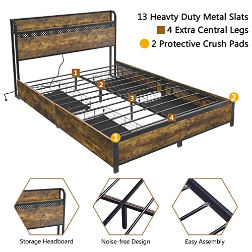 Alohappy Queen Bed Frame with 4 Storage Drawers, Storage Headboard with Charging Station and LED Lights, Metal Platform Bed Frame Queen Size, Heavy Duty No Box Spring Needed, Vintage Brown