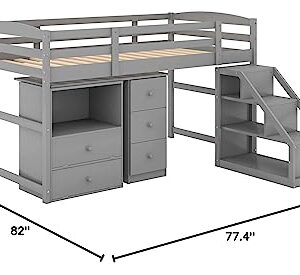 Woanke Twin Size Low Loft Bed with Multifunctional Movable Built-in Desk and Storage Drawers, Solid Wood Loft Bedframe for Kids Teens Boys Girls, 77.4''L*82''W*44.7''H, Grey