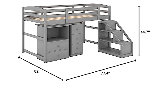 Woanke Twin Size Low Loft Bed with Multifunctional Movable Built-in Desk and Storage Drawers, Solid Wood Loft Bedframe for Kids Teens Boys Girls, 77.4''L*82''W*44.7''H, Grey