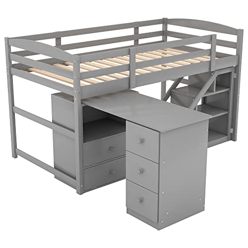 Woanke Twin Size Low Loft Bed with Multifunctional Movable Built-in Desk and Storage Drawers, Solid Wood Loft Bedframe for Kids Teens Boys Girls, 77.4''L*82''W*44.7''H, Grey