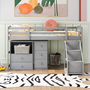 woanke twin size low loft bed with multifunctional movable built-in desk and storage drawers, solid wood loft bedframe for kids teens boys girls, 77.4''l*82''w*44.7''h, grey
