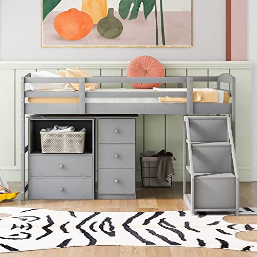 Woanke Twin Size Low Loft Bed with Multifunctional Movable Built-in Desk and Storage Drawers, Solid Wood Loft Bedframe for Kids Teens Boys Girls, 77.4''L*82''W*44.7''H, Grey